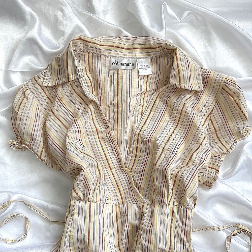 Oh Mamma Maternity Blouse Large Yellow Striped V-Neck Empire Waist Puff Sleeve